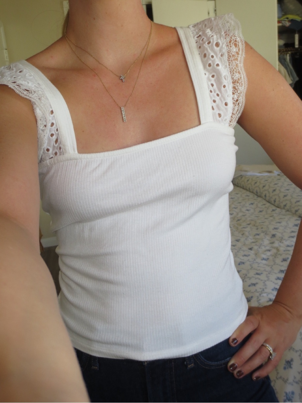 Lace Strap Ribbed Tank Top - White